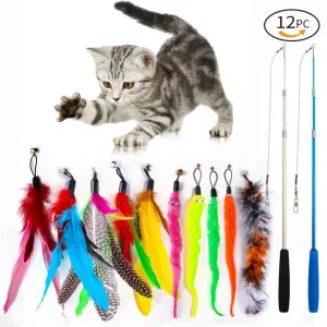 2PCS Retractable Cat Wand Toys and 10PCS Replacement Teaser with Bell Refills