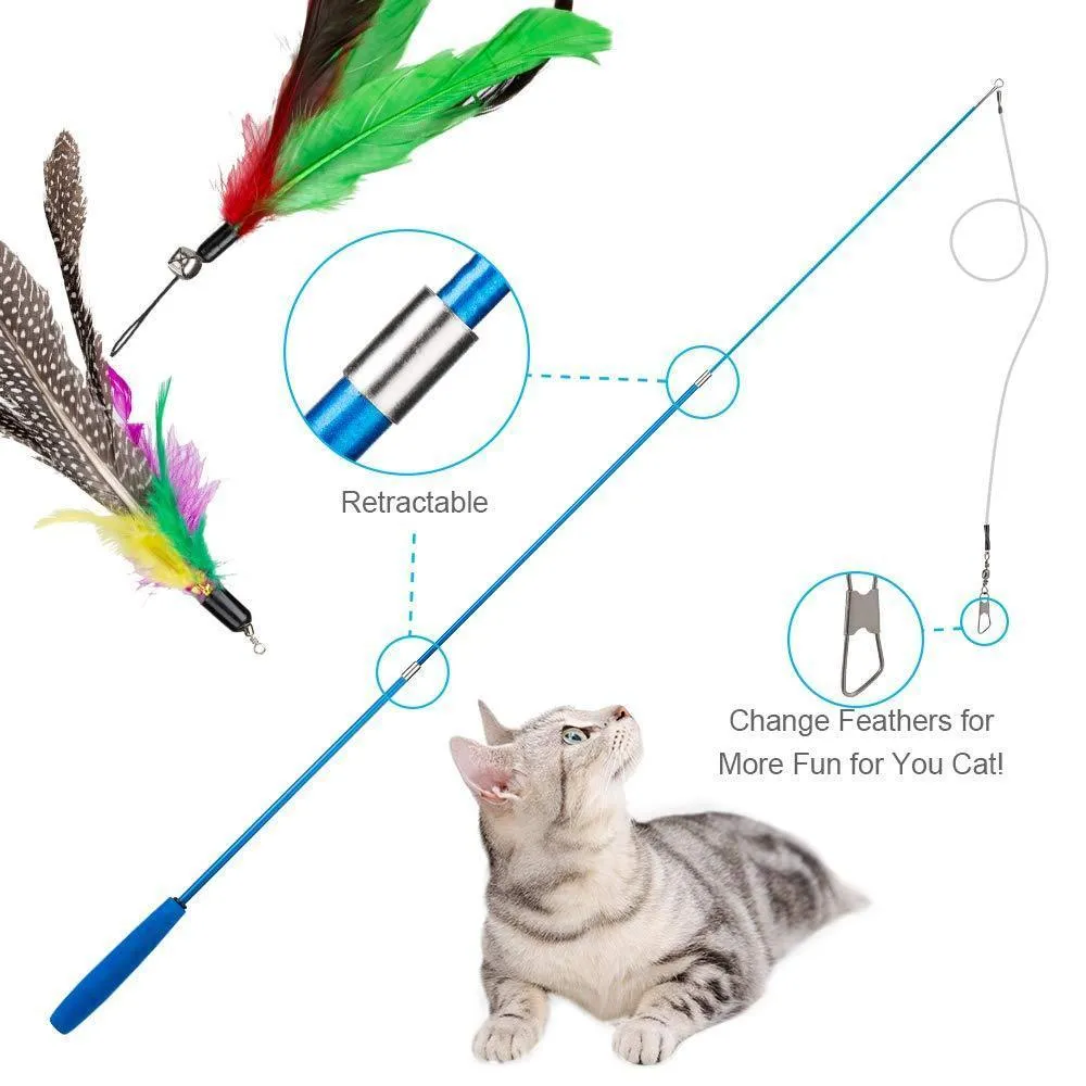 2PCS Retractable Cat Wand Toys and 10PCS Replacement Teaser with Bell Refills