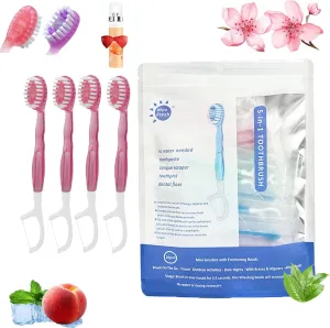 5 in 1 Mini Toothbrush & Floss & Tongue Scraper & Toothpick Set, 5-in-1 Travel Toothbrush Set,Individually Wrapped Disposable,Portable Oral Care for Travel Work (Peach)
