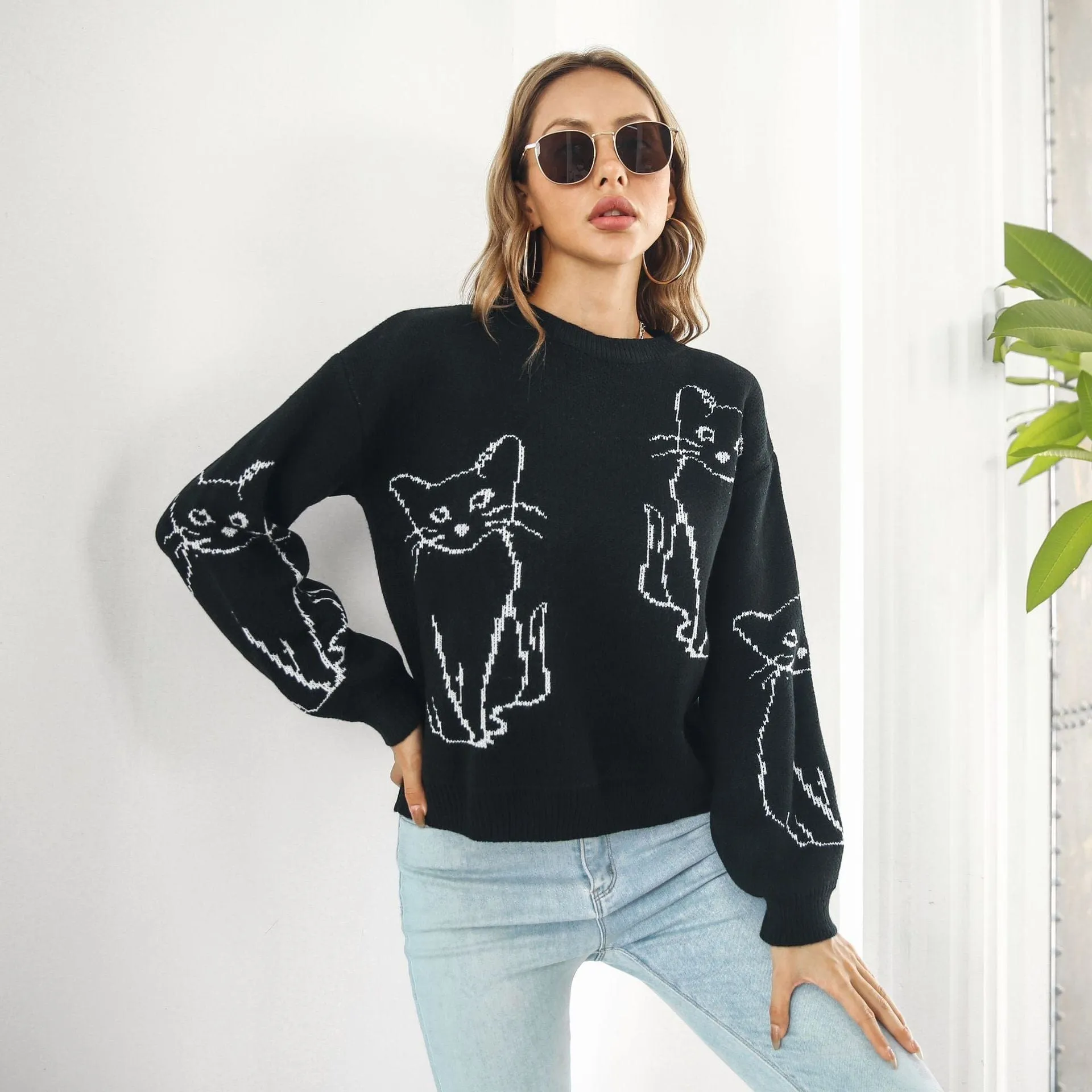 Abstract Cat Print Sweater