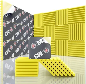 Acoustic Panels Upgrade Self-Adhesive 12pack,1" X 12" X 12" Sound Proof Foam Panels for Walls Quick-Recovery,Sound Panels 35kg/mHigh Density,Soundproof Wall Panels for Wall Decor,Yellow