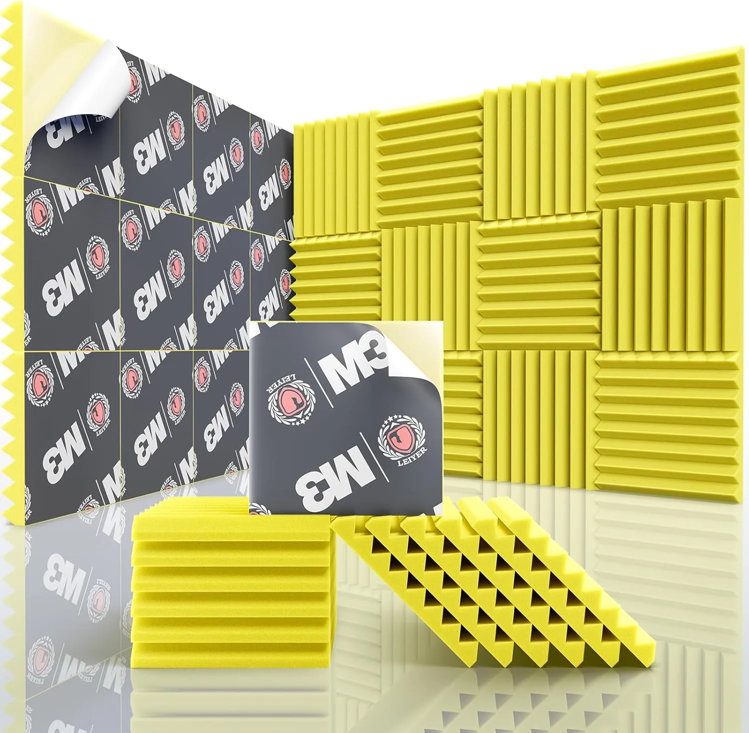 Acoustic Panels Upgrade Self-Adhesive 12pack,1" X 12" X 12" Sound Proof Foam Panels for Walls Quick-Recovery,Sound Panels 35kg/mHigh Density,Soundproof Wall Panels for Wall Decor,Yellow