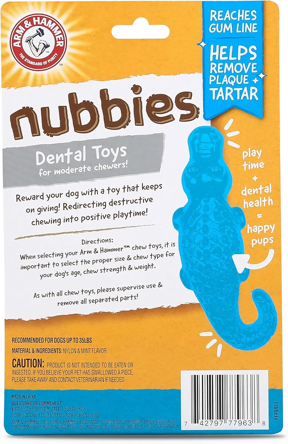 Arm & Hammer for Pets Nubbies Dental Toys Gator Dental Chew Toy for Dogs Best Dog Chew Toy for Moderate Chewers Reduces Plaque & Tartar Buildup Without Brushing, Gator (Pack of 1)