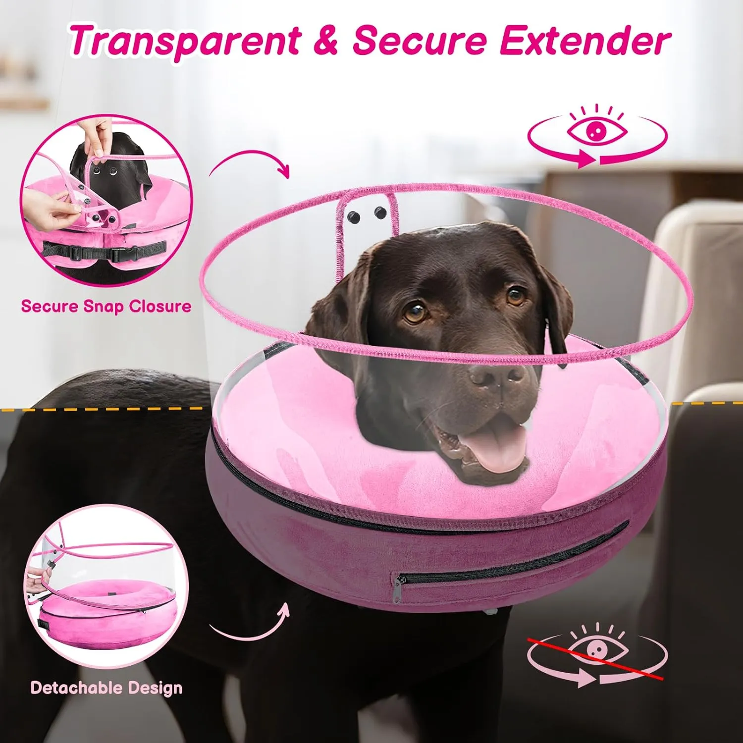 BARKLESS Inflatable Dog Cone, Protective Dog Surgery Collar to Stop Licking Biting Wounds, Soft Donut Cone with Detachable Clear Shield, Adjustable Blow-up Collar for Surgery Recovery (Pink, XL)