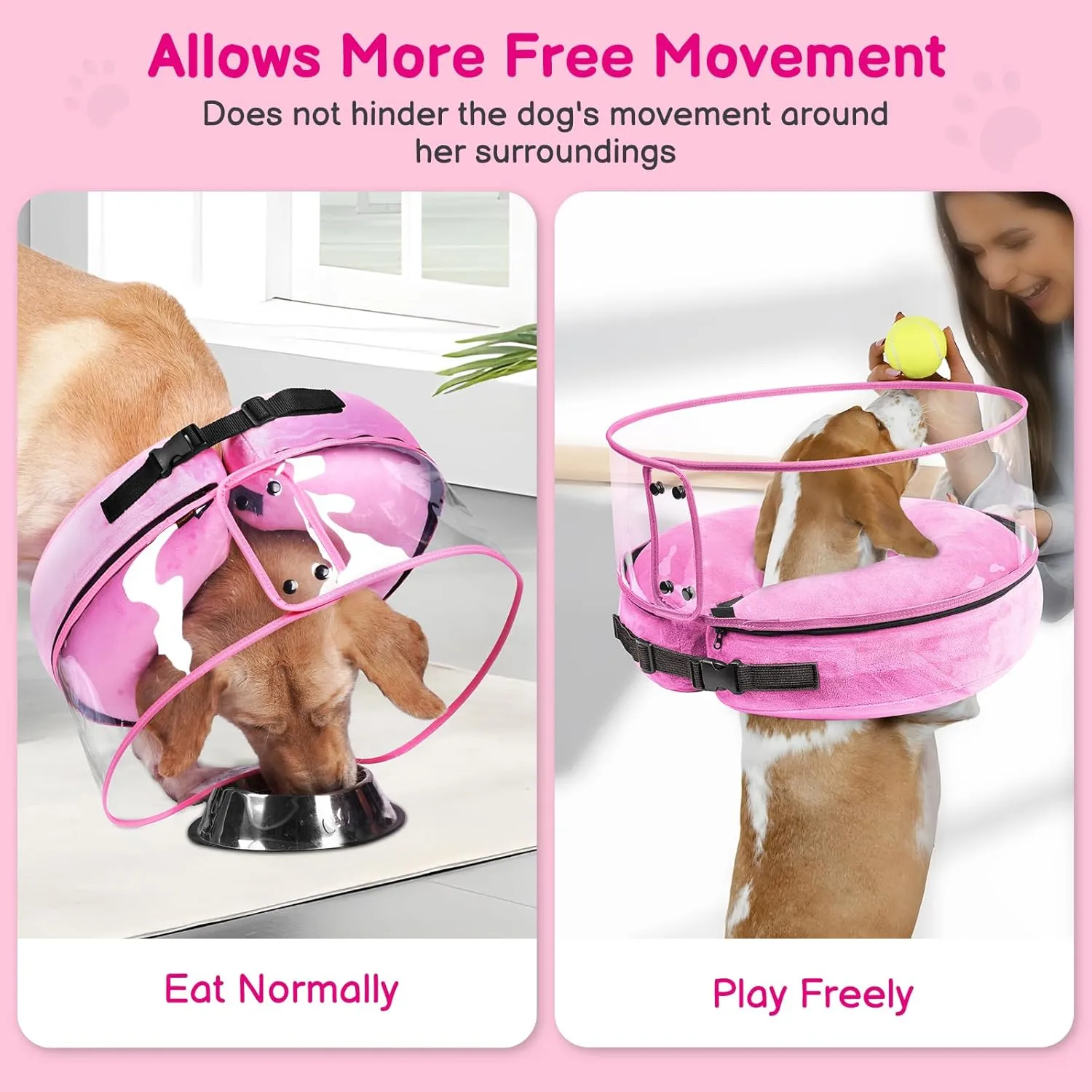 BARKLESS Inflatable Dog Cone, Protective Dog Surgery Collar to Stop Licking Biting Wounds, Soft Donut Cone with Detachable Clear Shield, Adjustable Blow-up Collar for Surgery Recovery (Pink, XL)