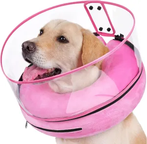 BARKLESS Inflatable Dog Cone, Protective Dog Surgery Collar to Stop Licking Biting Wounds, Soft Donut Cone with Detachable Clear Shield, Adjustable Blow-up Collar for Surgery Recovery (Pink, XL)