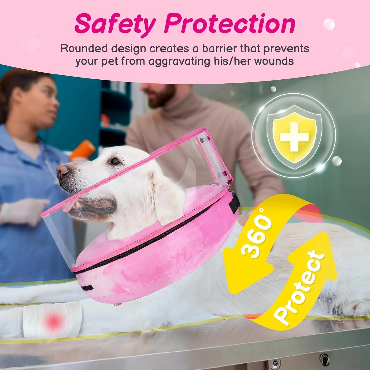 BARKLESS Inflatable Dog Cone, Protective Dog Surgery Collar to Stop Licking Biting Wounds, Soft Donut Cone with Detachable Clear Shield, Adjustable Blow-up Collar for Surgery Recovery (Pink, XL)