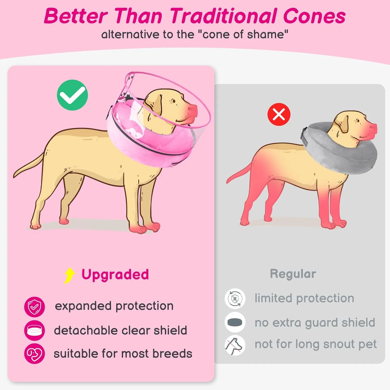 BARKLESS Inflatable Dog Cone, Protective Dog Surgery Collar to Stop Licking Biting Wounds, Soft Donut Cone with Detachable Clear Shield, Adjustable Blow-up Collar for Surgery Recovery (Pink, XL)