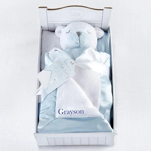 Beary Sleepy Plush Plus Blanket for Baby - Blue (Personalization Available)