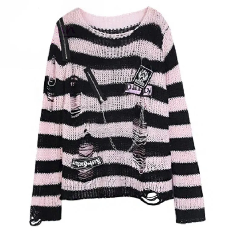 Black Pink Visual Kei Striped Sweater