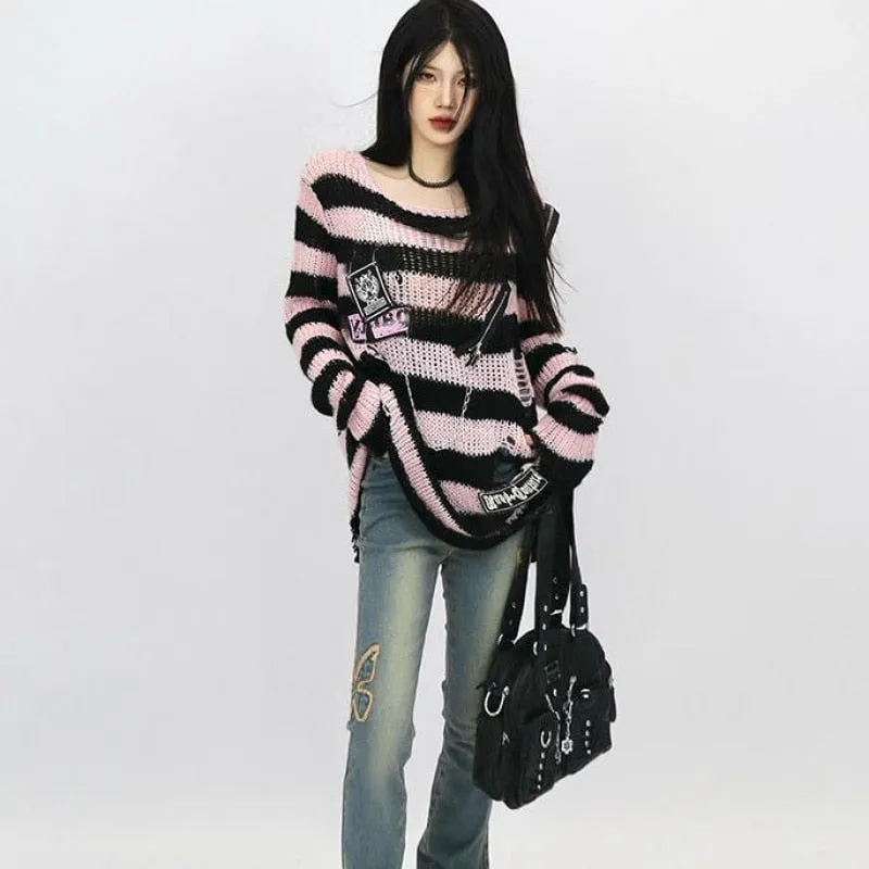 Black Pink Visual Kei Striped Sweater