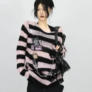 Black Pink Visual Kei Striped Sweater