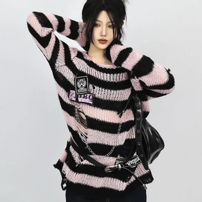 Black Pink Visual Kei Striped Sweater