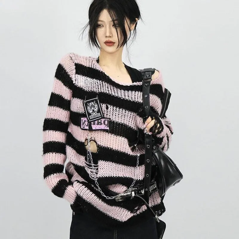 Black Pink Visual Kei Striped Sweater