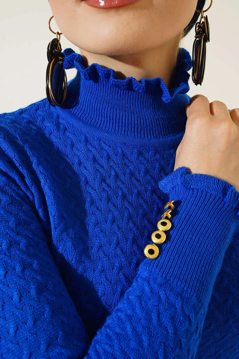 BNG Women Buttoned Wrist Knit Detail Sweater in Saxe Blue - Clermont