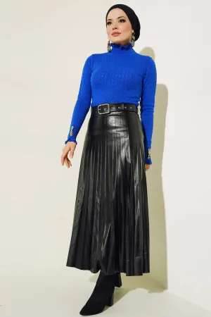 BNG Women Buttoned Wrist Knit Detail Sweater in Saxe Blue - Clermont
