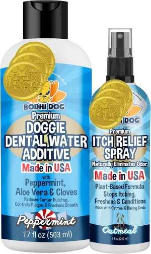 Bodhi Dog Anti-Itch Spray 8oz   Peppermint Dental Water Additive 17oz Bundle