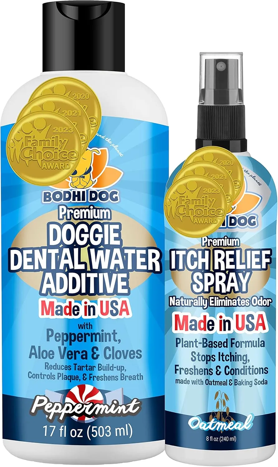 Bodhi Dog Anti-Itch Spray 8oz   Peppermint Dental Water Additive 17oz Bundle