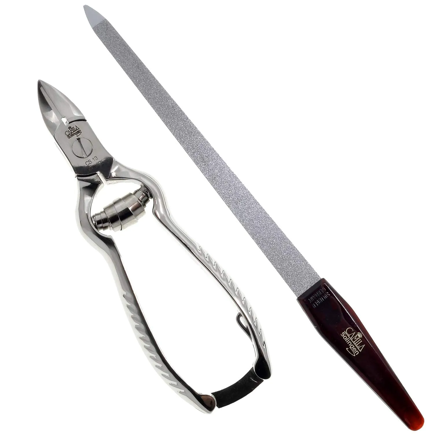 Camila Solingen CS13 Large Heavy Duty Toe Nail Clipper for Thick Nails, Manicure and Pedicure & CS19 Large Professional Sapphire Metal Nail File for Fingernail and Toenail, Made in Solingen, Germany