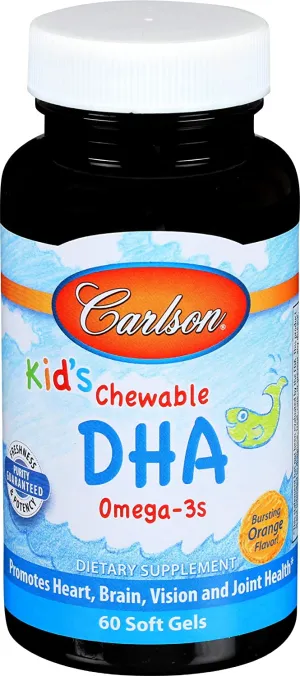 Carlson - Kid's Chewable DHA, 100 mg DHA, Brain & Vision Function, Growth & Development, Orange, 60 Chewable Softgels