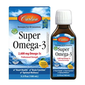 Carlson - Super Omega-3, 2600 mg Omega-3s, Omega-3 Liquid, Wild Caught Omega-3 Fish Oil Liquid Supplement, Omega-3 Supplement, Heart Health, Lemon, 100 mL (3.3 Fl Oz)