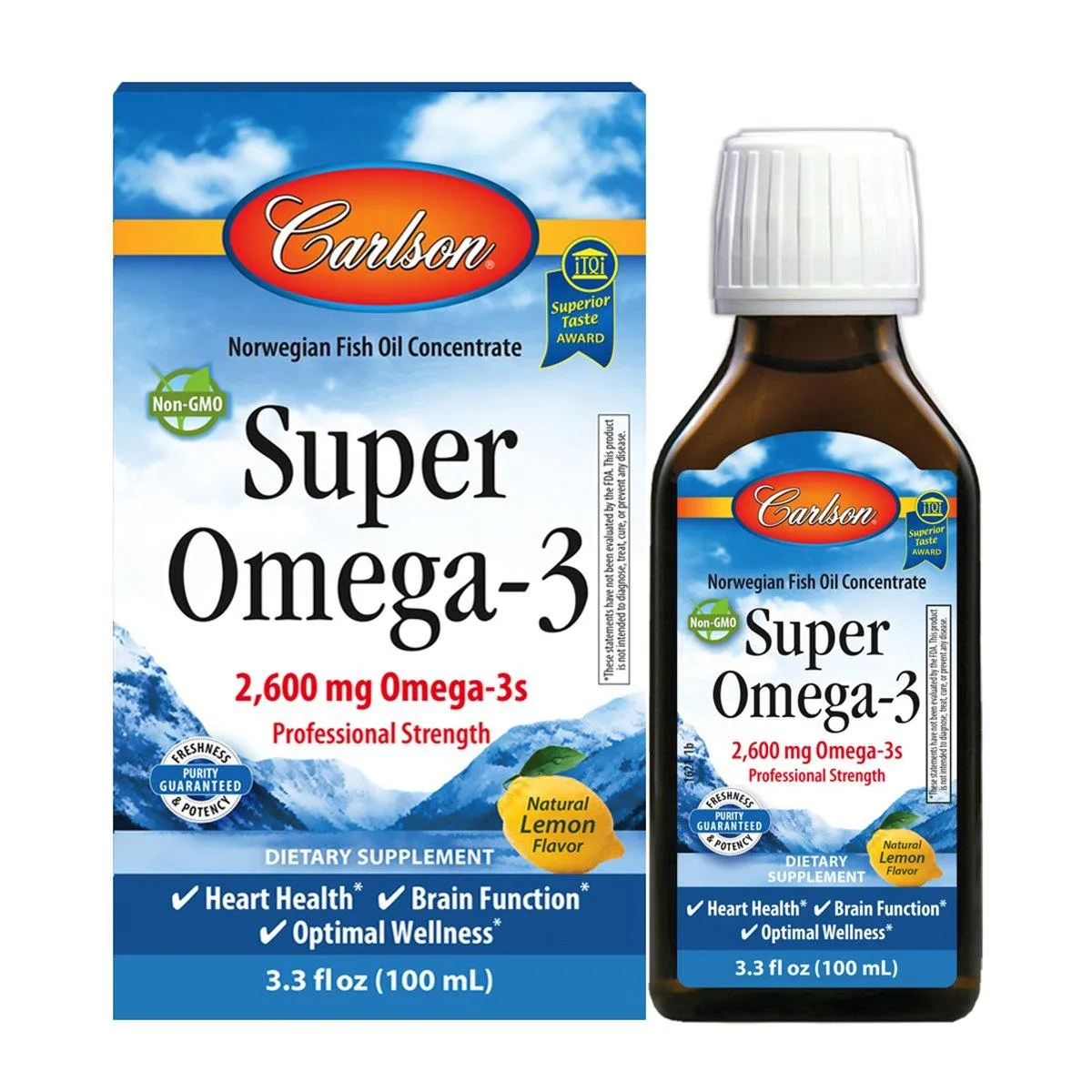 Carlson - Super Omega-3, 2600 mg Omega-3s, Omega-3 Liquid, Wild Caught Omega-3 Fish Oil Liquid Supplement, Omega-3 Supplement, Heart Health, Lemon, 100 mL (3.3 Fl Oz)