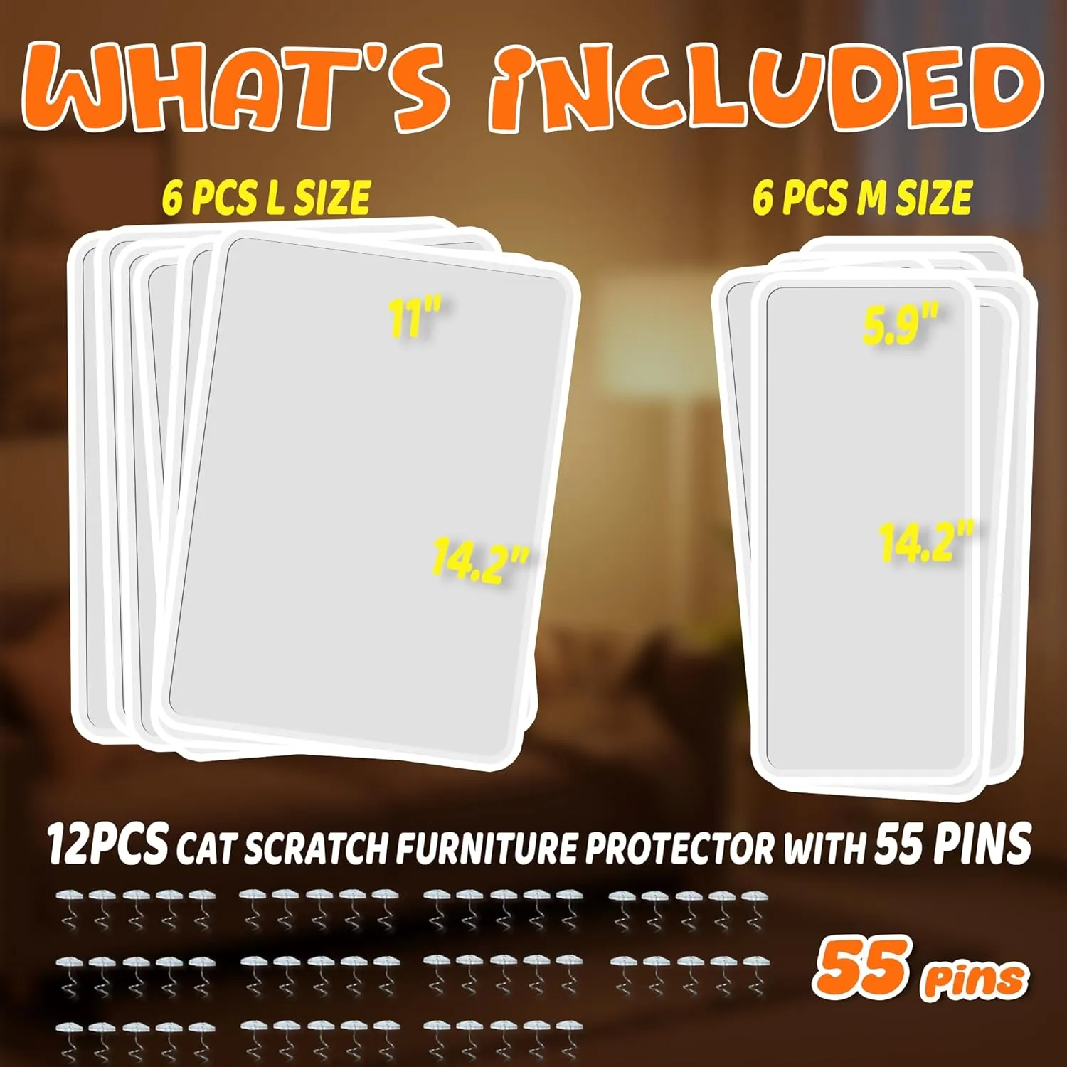 Cat Scratch Furniture Protector: 12 Pcs Single Side Couch Protector from Cat Claws with 4 Holes, Easy to Stick & Fix, Furniture Protectors from Cats Scratching(12P 55 Pins)