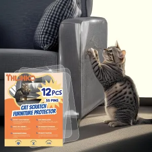 Cat Scratch Furniture Protector: 12 Pcs Single Side Couch Protector from Cat Claws with 4 Holes, Easy to Stick & Fix, Furniture Protectors from Cats Scratching(12P 55 Pins)