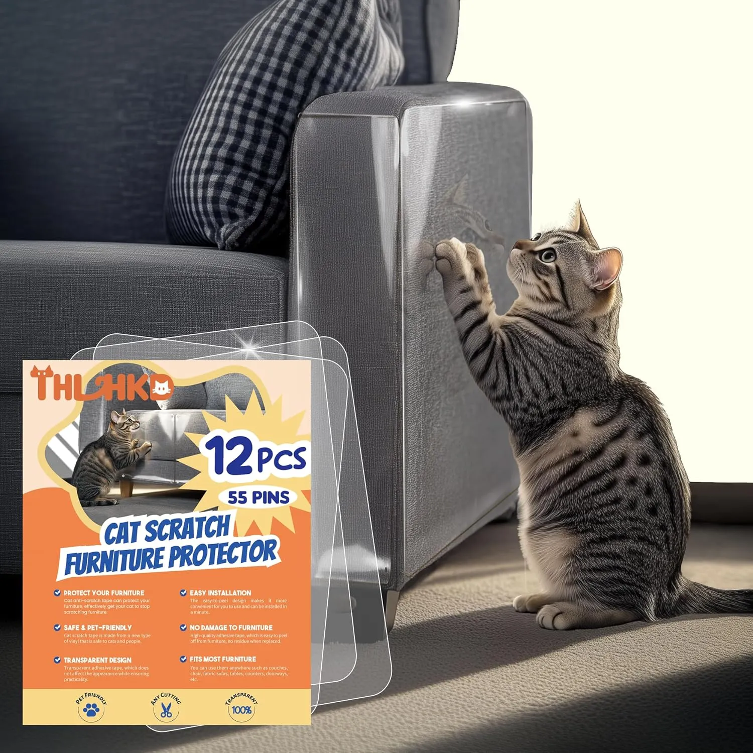 Cat Scratch Furniture Protector: 12 Pcs Single Side Couch Protector from Cat Claws with 4 Holes, Easy to Stick & Fix, Furniture Protectors from Cats Scratching(12P 55 Pins)