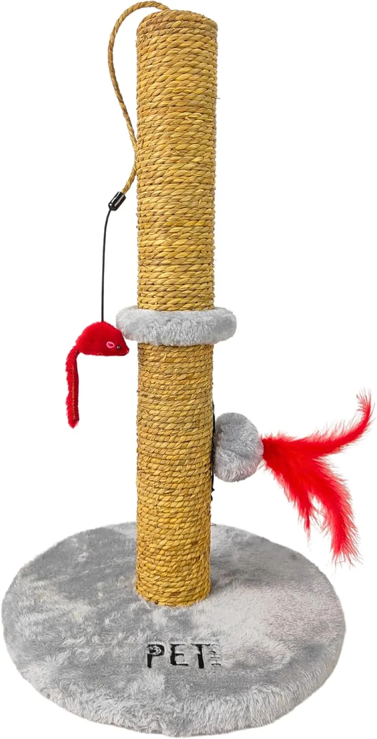 Cat Scratching Post for Indoor Cats, Fun & Sturdy Cat Scratcher Post with Premium Sisal, Hanging Mice and Ball, Ideal for Kittens & Small Cats with Soft Covering Base