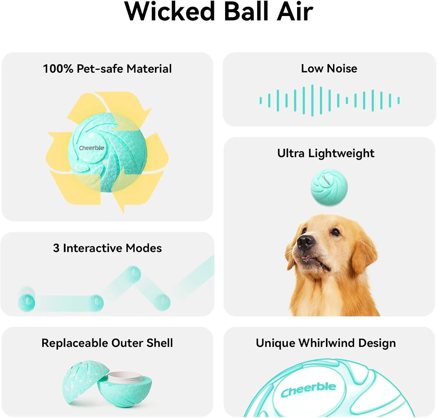 Cheerble 2025 Upgrade Smart Interactive Dog Toys - Wicked Ball AIR, 3 Interactive Modes, Self-Moving Bouncing Rotating Ball, E-TPU Material, IPX7 Waterproof