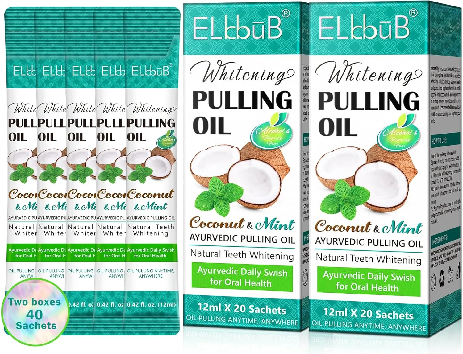 Coconut Pulling Oil, Mint Oil Pulling Mouthwash, Natural Pulling Oil with Coconut & Peppermint Oil-Mouthwash for Oral Care, Supports Healthy Gums, Teeth Whitening & Fresh Breath 12ml *40Pack