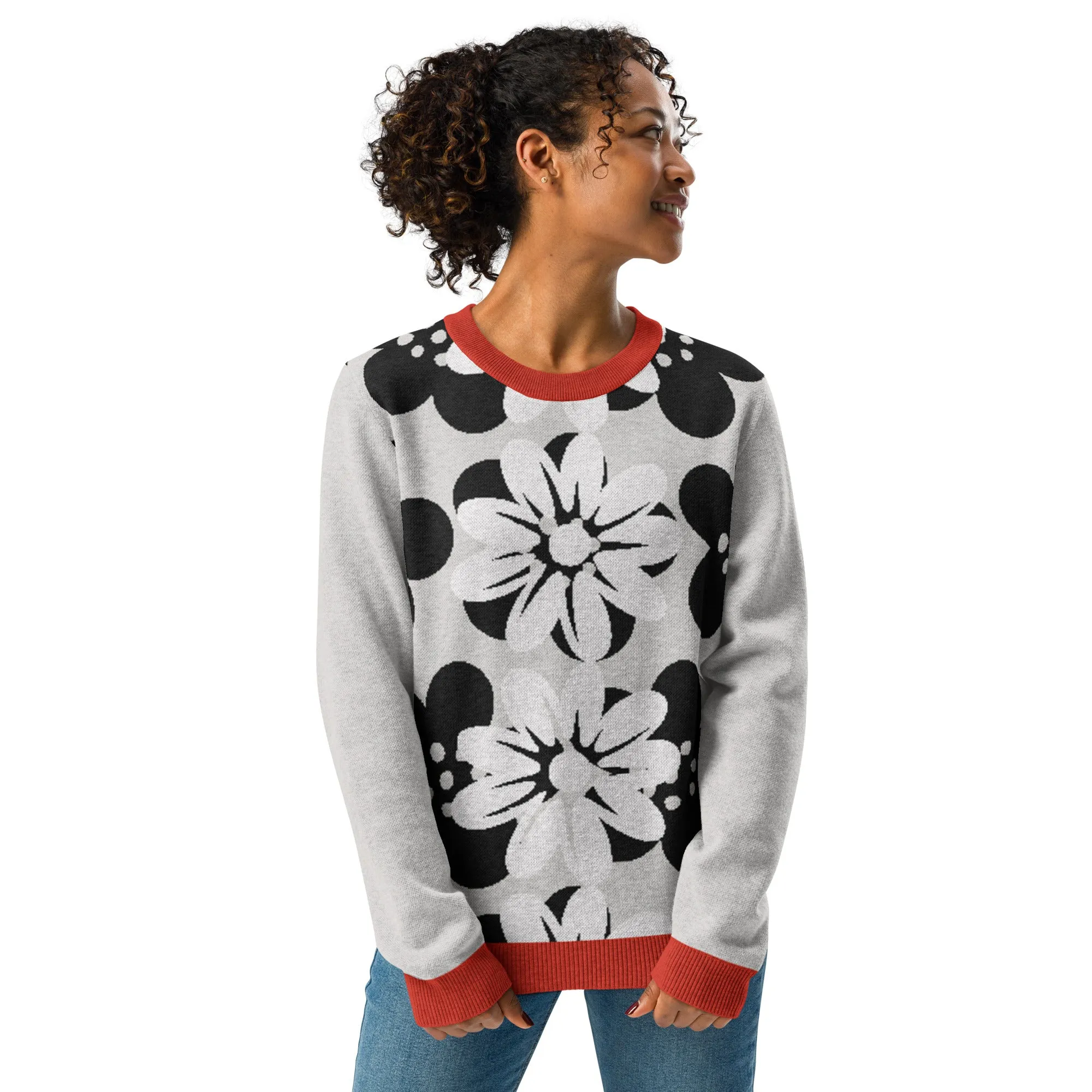 Coming Up Flowers in Grey Knitted Crewneck Sweater