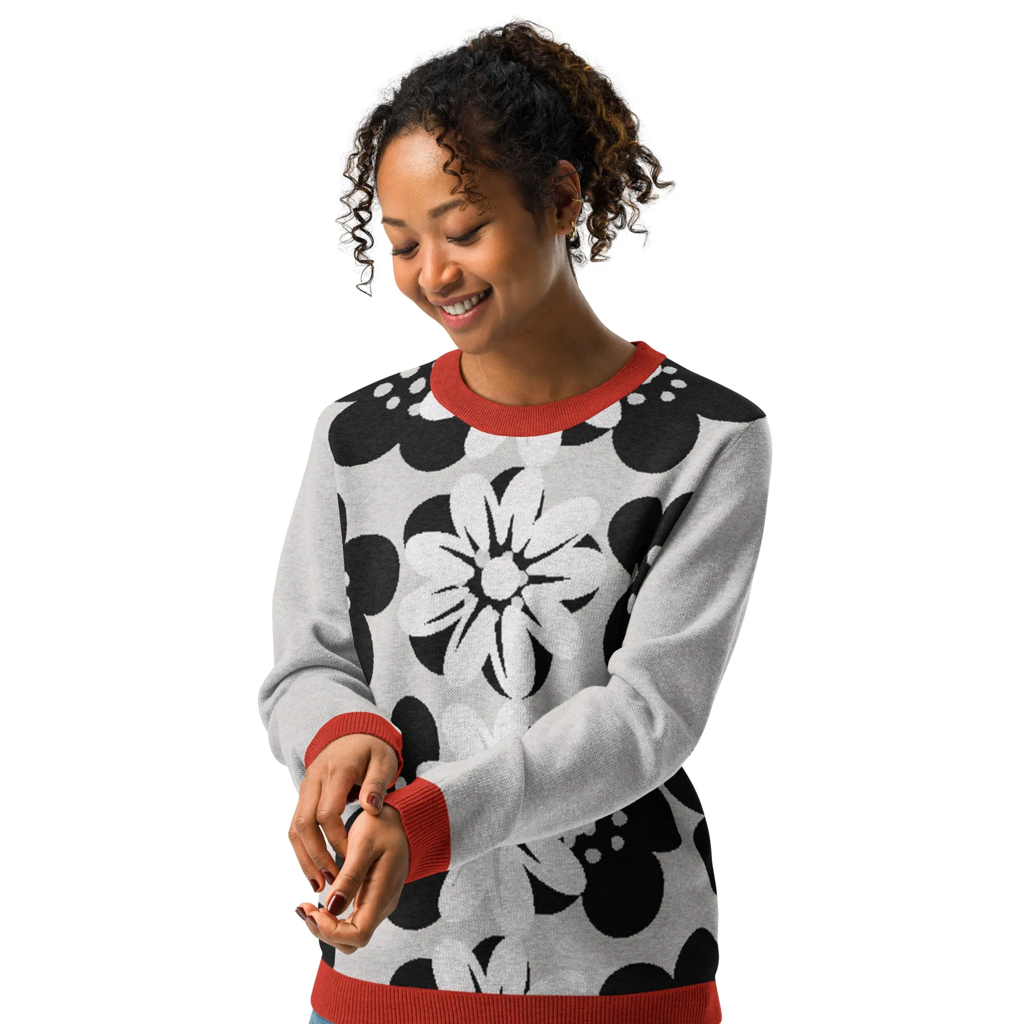 Coming Up Flowers in Grey Knitted Crewneck Sweater