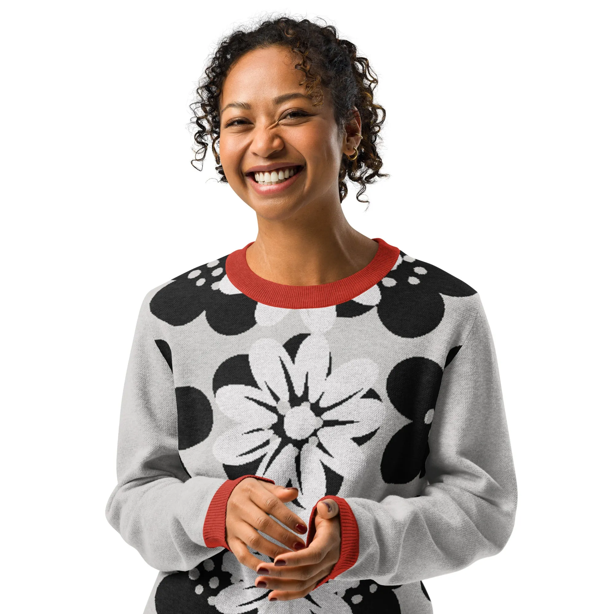 Coming Up Flowers in Grey Knitted Crewneck Sweater