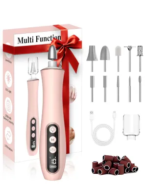 Cordless Nail Drill Electric Nail File, 10-in-1 Manicure Pedicure Kit Nail Grinder Set, 14000 RPM Rechargeable Acrylic Nail Tool, 10 Speeds LED Light LCD Display for Human, Toenails, Home(Pink)