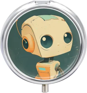 Cute Robot Pill Box 3 Compartment Travel Pill Organizer 3 Times A Day Cute Mini Pill Case for Purse & Pocket Portable Metal Medicine Box with Mirror Round Daily Medicine Vitamin Container