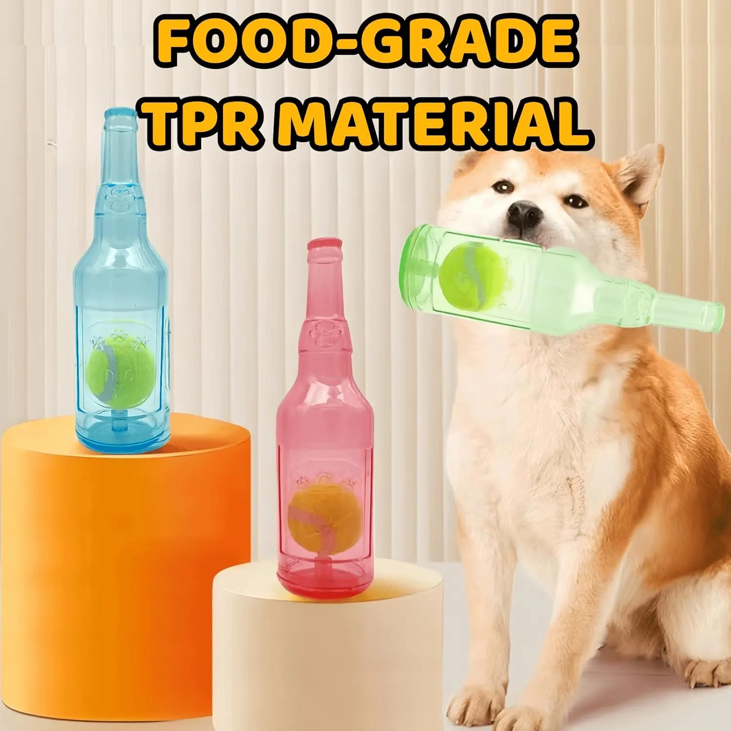 Cute Tough Dog Toy Rubber Bottle Squeaky Dogs Chew Toy Long Lasting Interactive Fetch Toy for Teething Tennis Ball Included (Blue, Medium)
