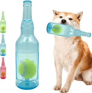 Cute Tough Dog Toy Rubber Bottle Squeaky Dogs Chew Toy Long Lasting Interactive Fetch Toy for Teething Tennis Ball Included (Blue, Medium)