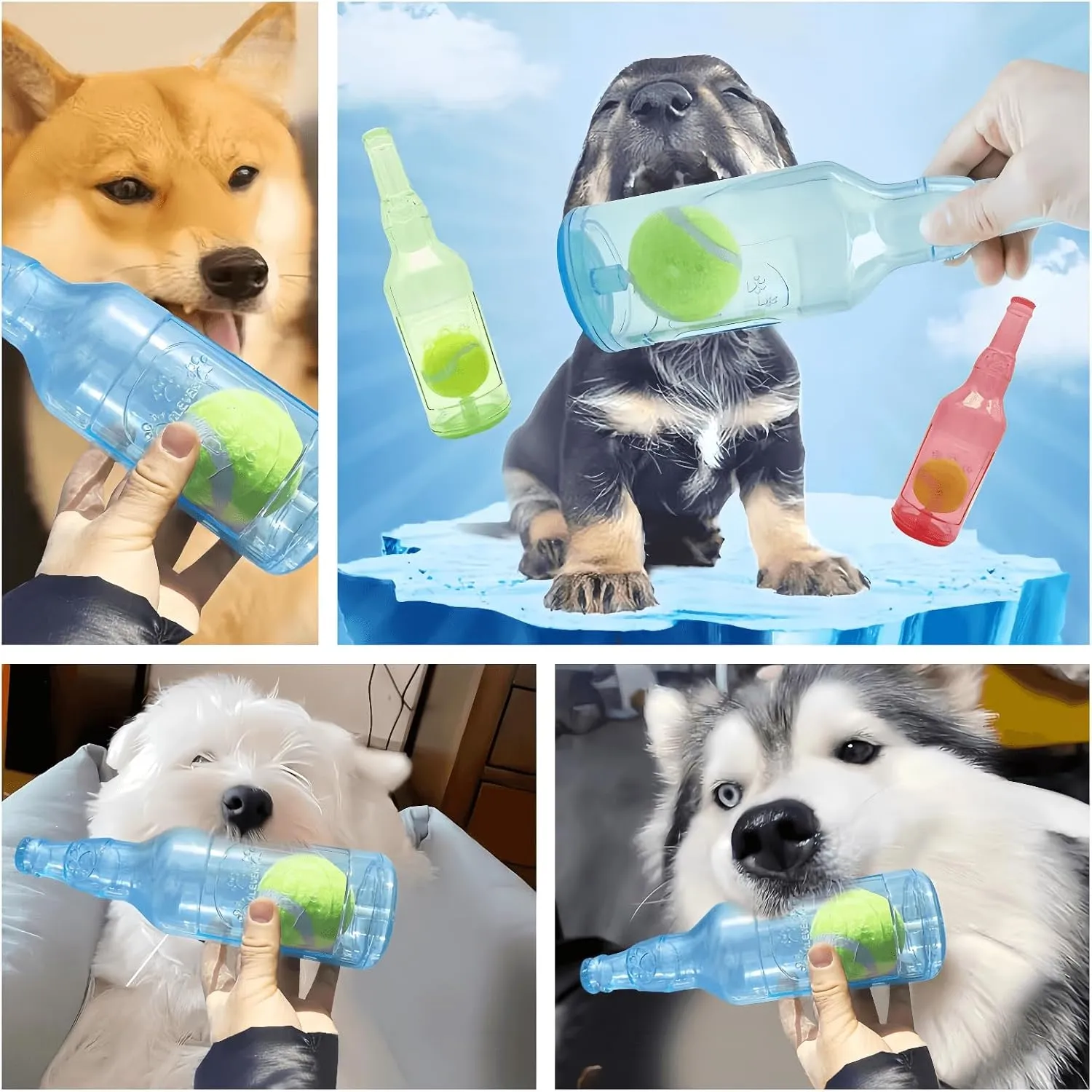 Cute Tough Dog Toy Rubber Bottle Squeaky Dogs Chew Toy Long Lasting Interactive Fetch Toy for Teething Tennis Ball Included (Blue, Medium)
