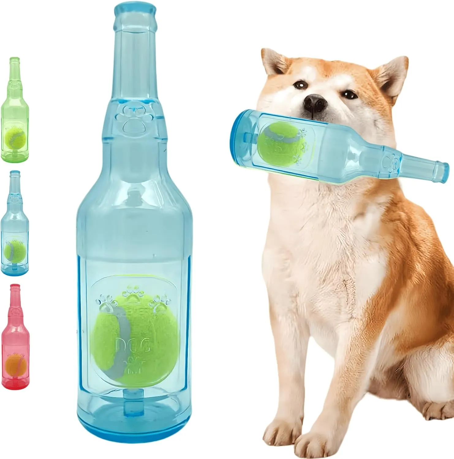 Cute Tough Dog Toy Rubber Bottle Squeaky Dogs Chew Toy Long Lasting Interactive Fetch Toy for Teething Tennis Ball Included (Blue, Medium)