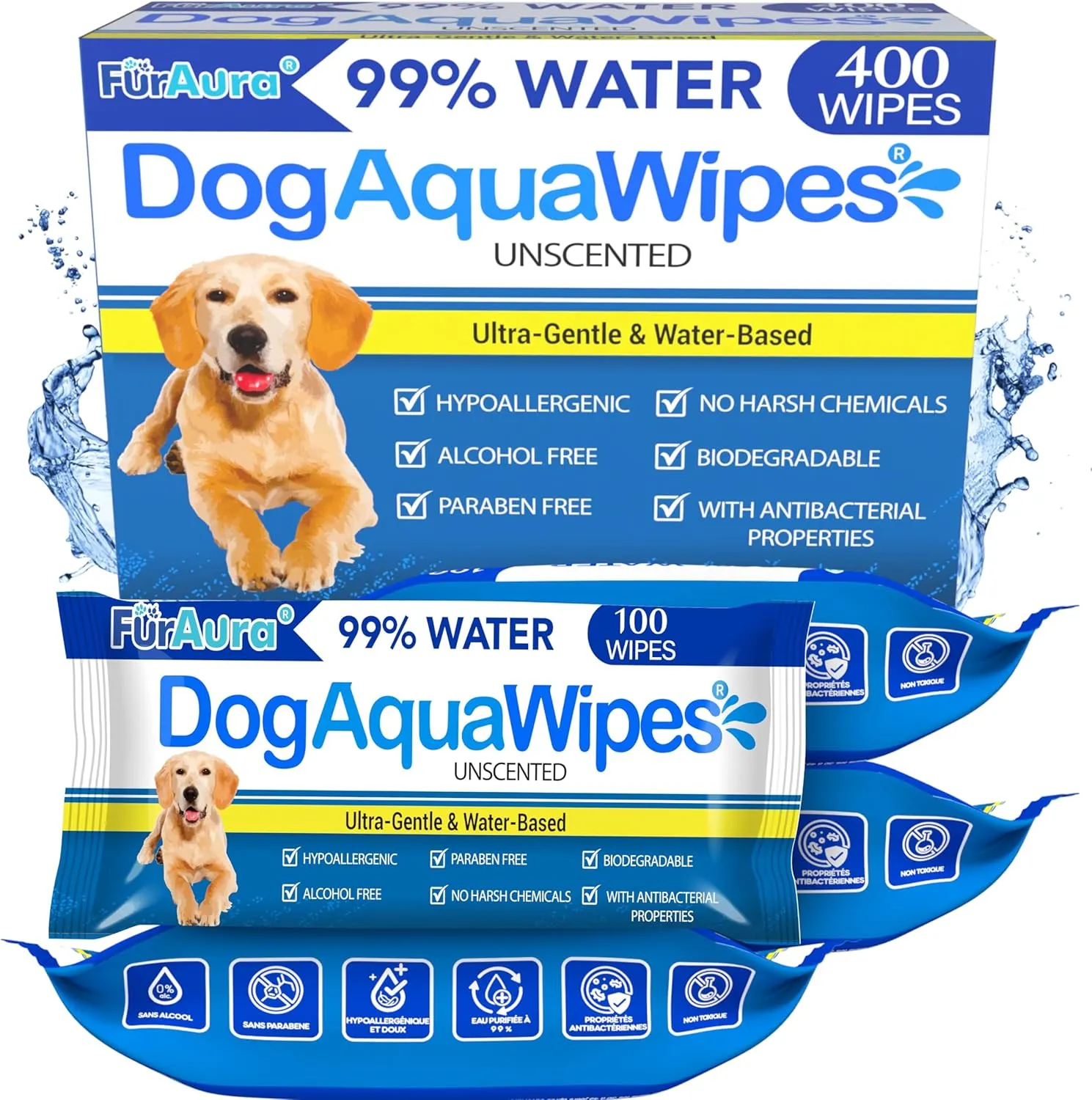 Dog Aqua Wipes - 99% Water Pet Grooming Wipes for Paws Ears Face Butt Body Hypoallergenic Biodegradable Alcohol-Free Safe Cleaning Wipes for Dogs Puppies Sensitive Skin Unscented - 400 Count