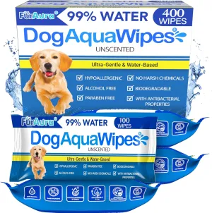 Dog Aqua Wipes - 99% Water Pet Grooming Wipes for Paws Ears Face Butt Body Hypoallergenic Biodegradable Alcohol-Free Safe Cleaning Wipes for Dogs Puppies Sensitive Skin Unscented - 400 Count