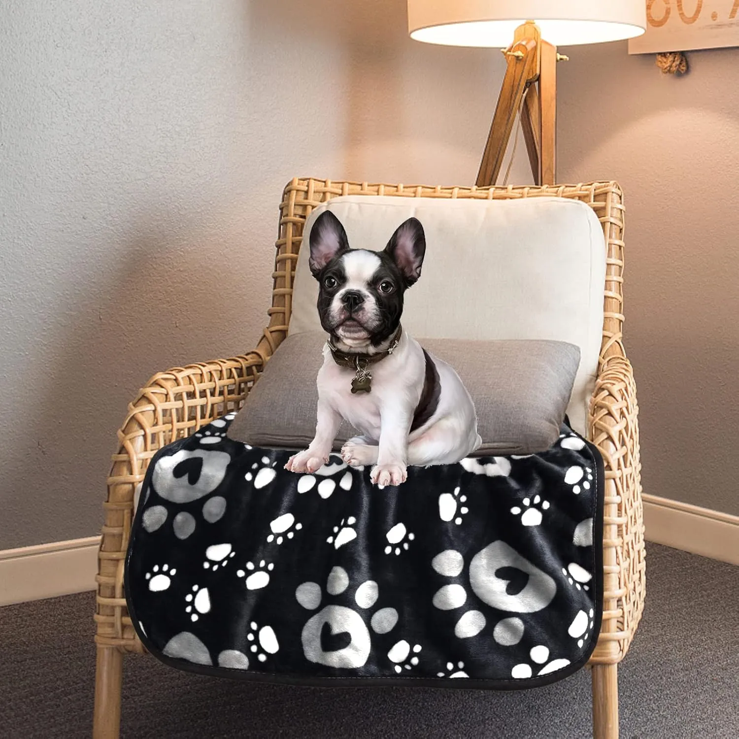 Dog Blanket, Soft Fleece Dog Blankets for Small Medium Dogs, Fluffy Flannel Pet Cat Puppy Blanket Mat Cover for Bed Couch, Cute Paw Print Throw Blanket for Dogs, Black 40"X30"