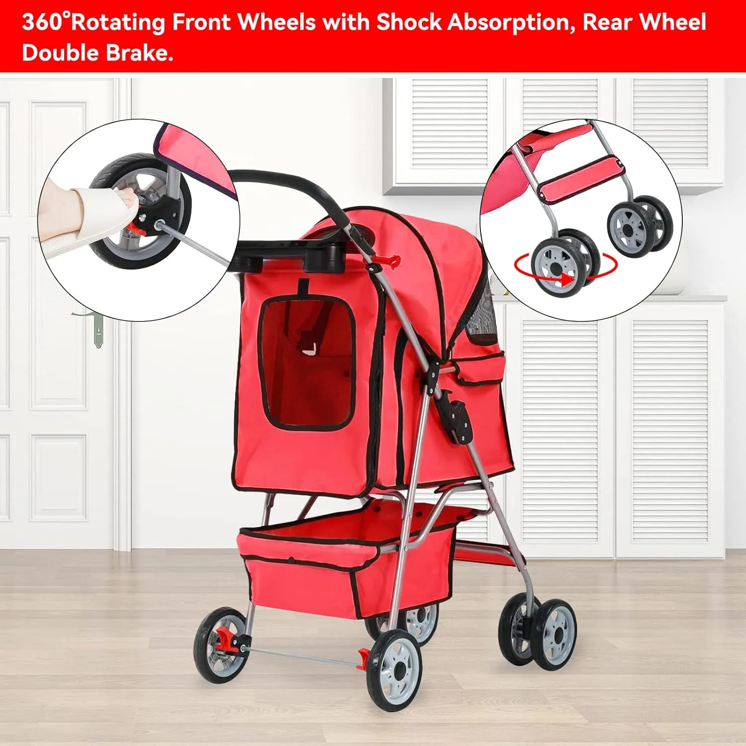 Dog Pet Stroller with 4 Wheels Foldable Carrier Strolling Cart with Storage Basket and Cup Holder Cat Strollers for Small Dogs Waterproof Puppy Stroller, Red