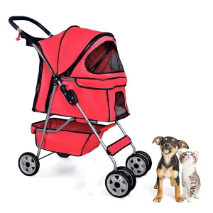 Dog Pet Stroller with 4 Wheels Foldable Carrier Strolling Cart with Storage Basket and Cup Holder Cat Strollers for Small Dogs Waterproof Puppy Stroller, Red