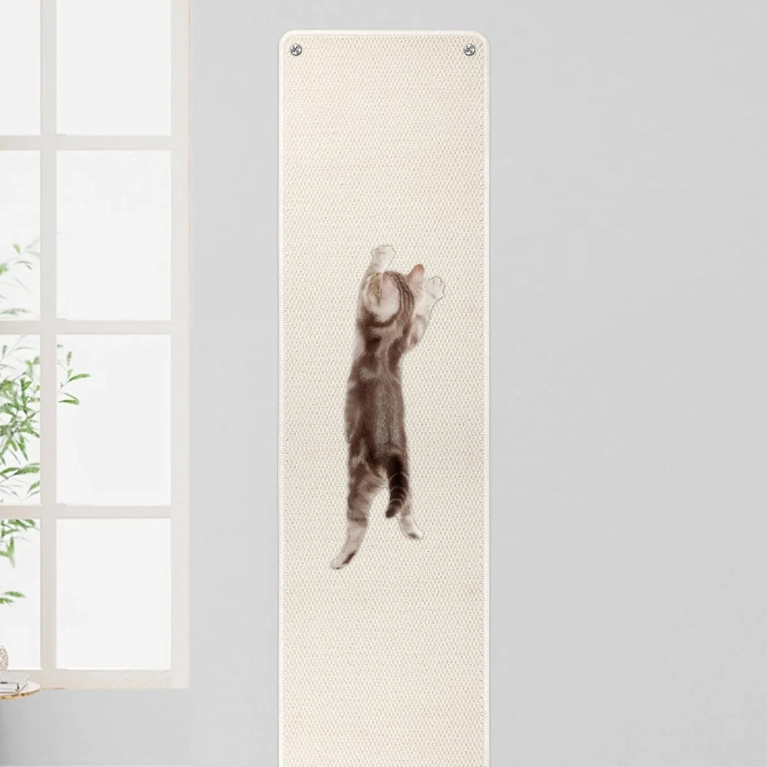 FHTONGE 71x15.8 Thickened Cat Wall Climbing Carpet with 16 Fixed Nails, Extra Large Tall Cat Scratch Pad for Wall, Wall Mounted Climbing Cat Scratcher for Furniture Couch Sofa Protector(MilkyWhite)