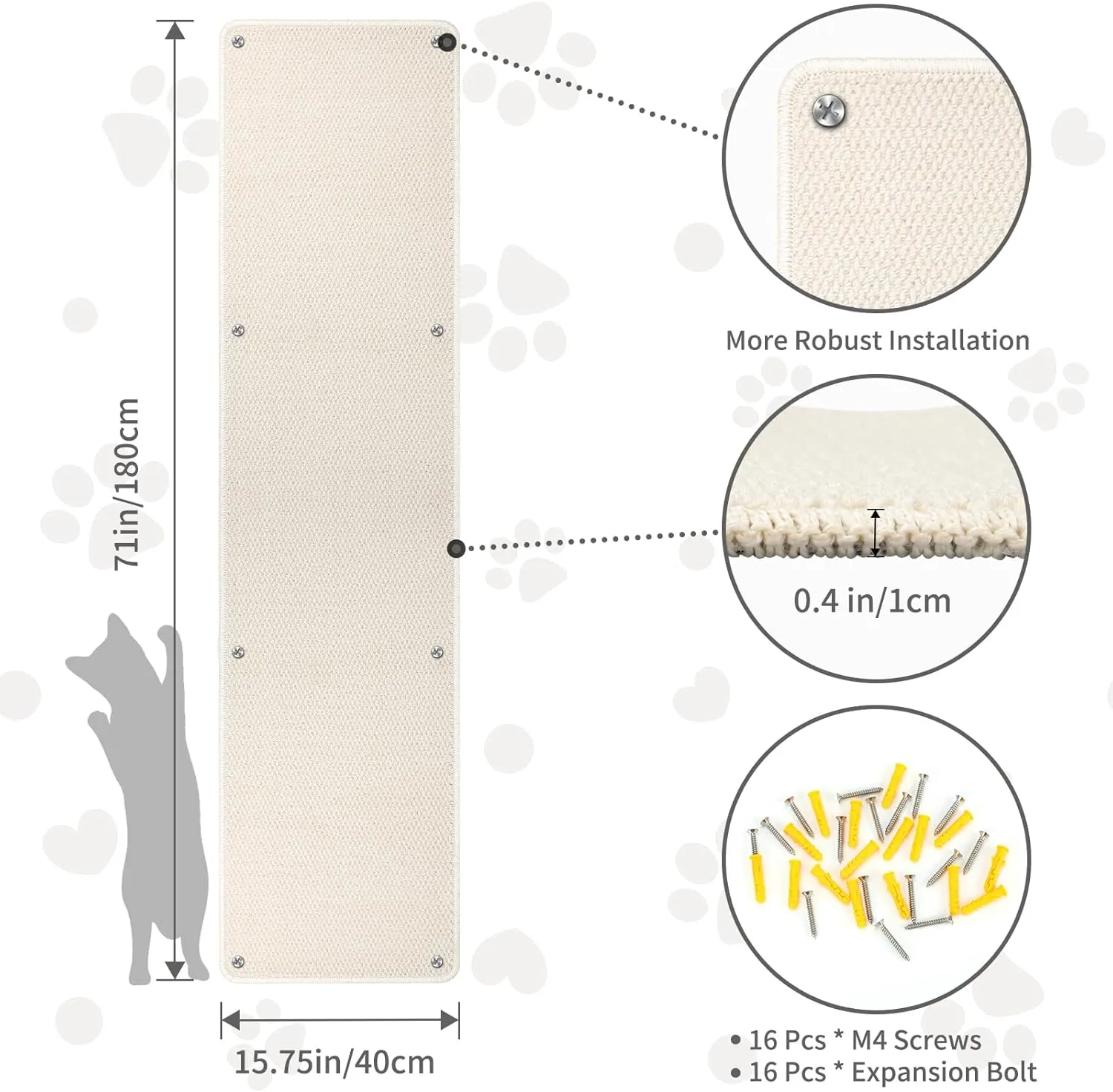 FHTONGE 71x15.8 Thickened Cat Wall Climbing Carpet with 16 Fixed Nails, Extra Large Tall Cat Scratch Pad for Wall, Wall Mounted Climbing Cat Scratcher for Furniture Couch Sofa Protector(MilkyWhite)