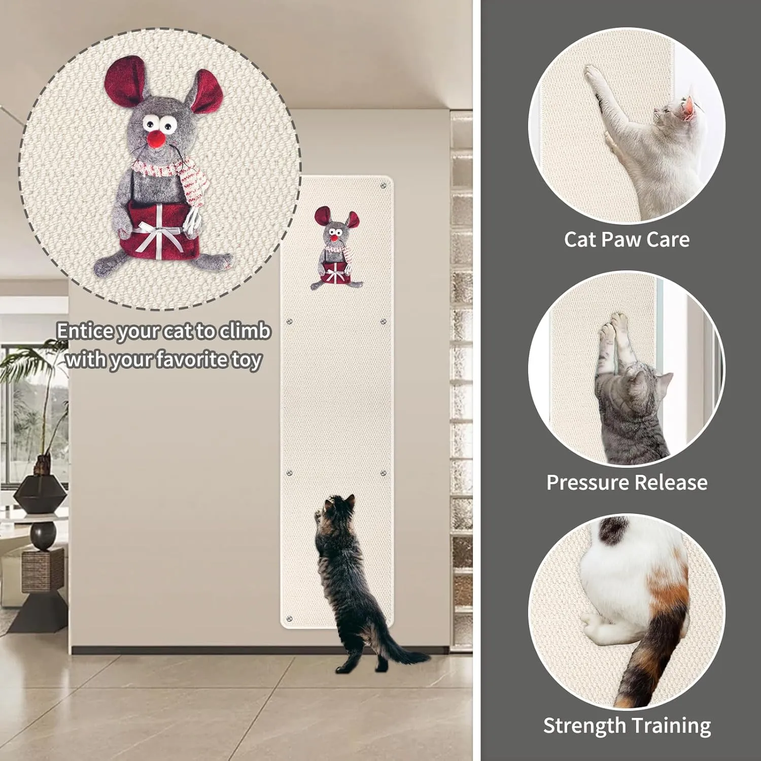 FHTONGE 71x15.8 Thickened Cat Wall Climbing Carpet with 16 Fixed Nails, Extra Large Tall Cat Scratch Pad for Wall, Wall Mounted Climbing Cat Scratcher for Furniture Couch Sofa Protector(MilkyWhite)