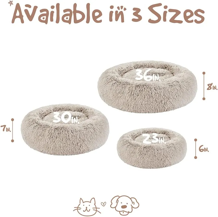 Friends Forever Donut Dog Bed Faux Fur Fluffy Calming Sofa For Medium Dogs, Soft & Plush Anti Anxiety Pet Couch For Dogs, Machine Washable Coco Pet Bed with Non-Slip Bottom, 30"x30"x7" Tan